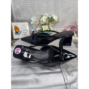 (O) NEW Marc Fisher Womens Black Patent Leather Bow Slingback Mules Heels 5.5M
